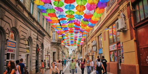 assorted-color umbrella hanged above pathway near houses